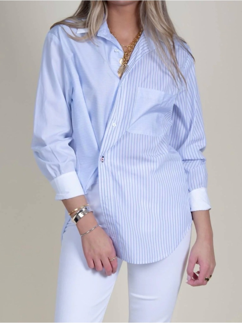 CISSA-Light Blue Striped Button-Up Shirt